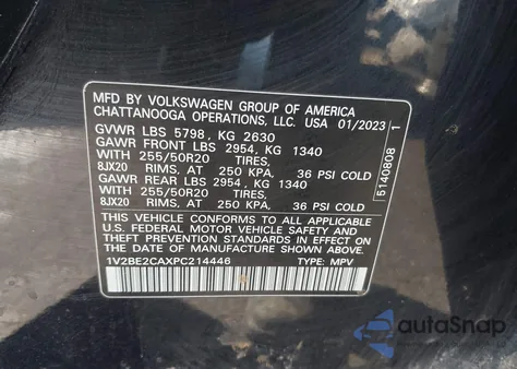 2023 Volkswagen Atlas Cross Sport 3.6L V6 Sel z USA, uszkodzony, nr VIN 1V2BE2CAXPC214446